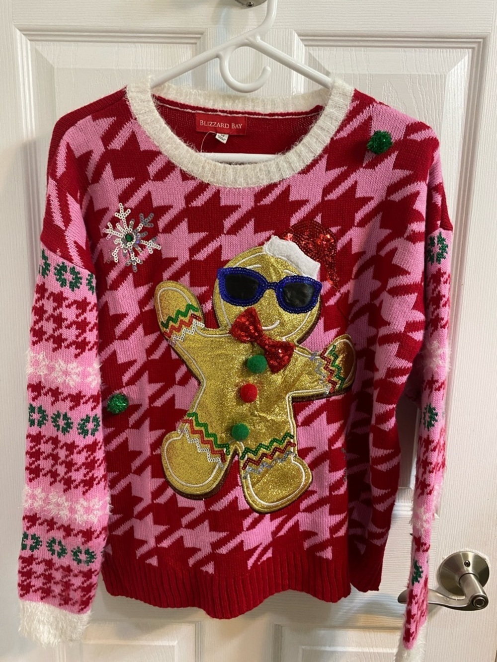 Blizzard Bay Sparkles Sequins Gingerbread Man Pink Ugly Christmas Sweater Medium